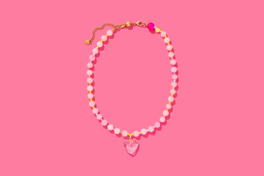 Lottie Beaded Necklace - Pink + Multi-Color w/Dangle Heart