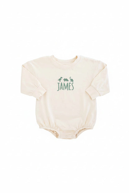Embroidered Dinosaur Long Sleeve Bubble Romper | Natural