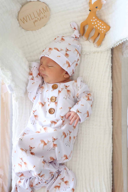 Friendly Fawns Newborn Baby Knot Gown & Hat Set