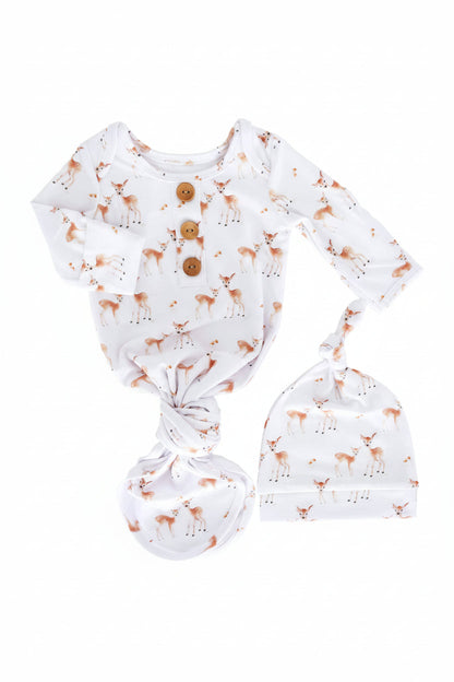 Friendly Fawns Newborn Baby Knot Gown & Hat Set