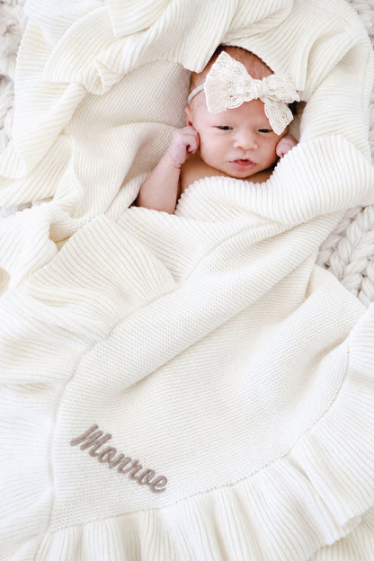 Embroidered Knit Blanket With Ruffle | Ivory