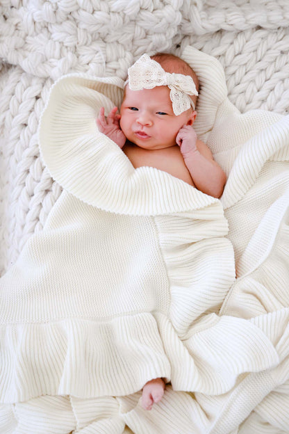 Embroidered Knit Blanket With Ruffle | Ivory