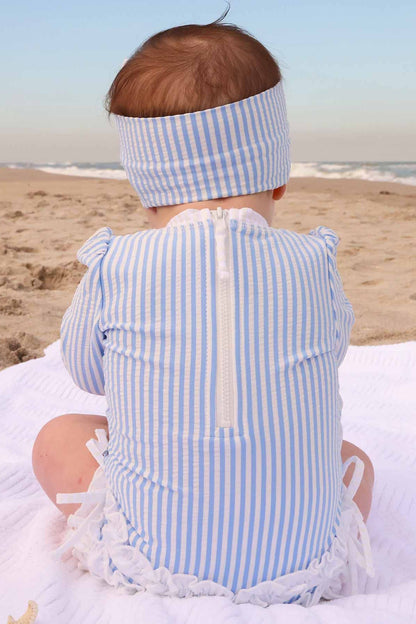 Long Sleeve Rash Guard With Ruffle Bottom | Seersucker Blue