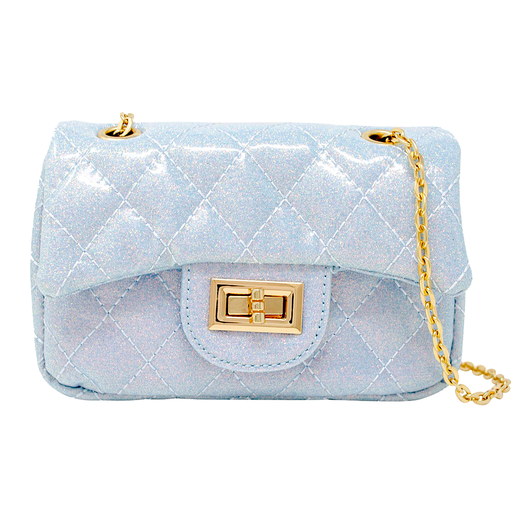 Quilted Metallic Gold Clasp Bag - Sky Blue