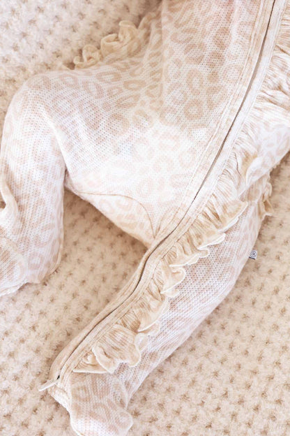 Bamboo Waffle Ruffle Zipper Footie | Lovely Leopard