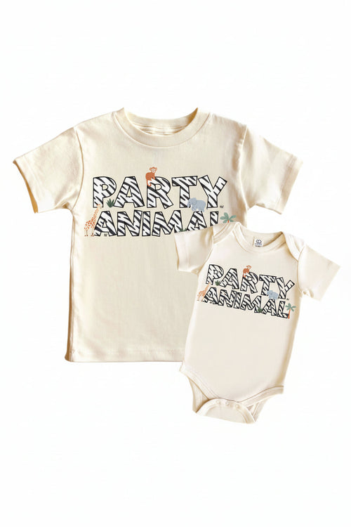 Party Animal Graphic Bodysuit & Kids Tee | Natural