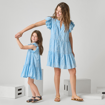 Womens Kalani Ruffle Dress - Blue Dewdrop Block Print