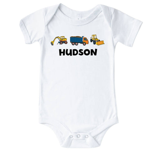 Personalized Construction Trucks Graphic Bodysuit | White