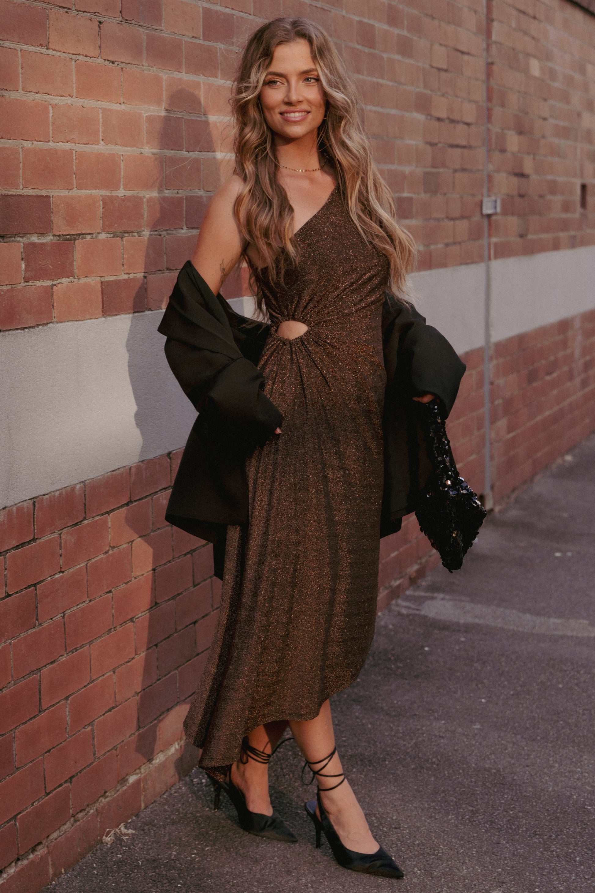Emma One Shoulder Midi Dress - Vintage Gold