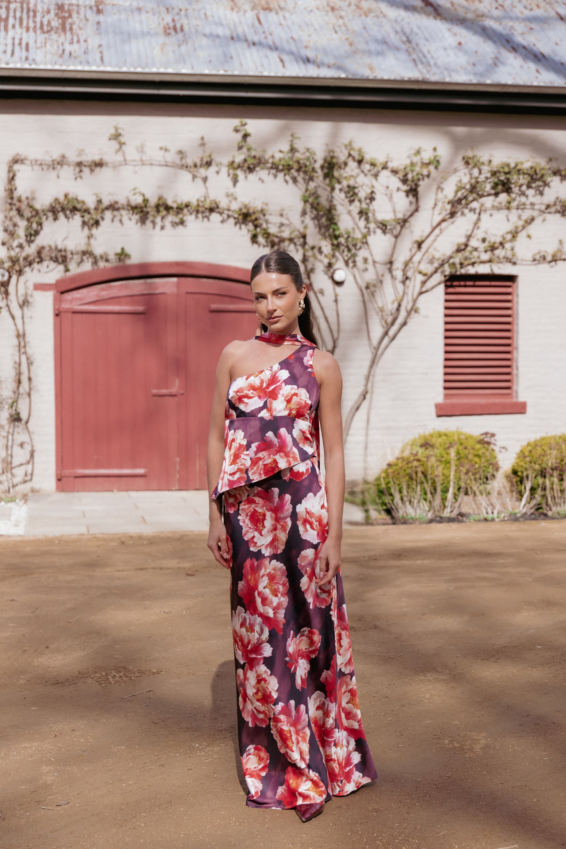Georgina One Shoulder Skirt Set - Burgundy Peony