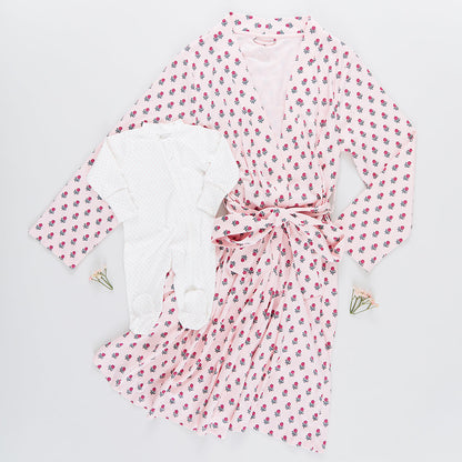 Womens Organic Robe - Pink Tiny Flower Block Print