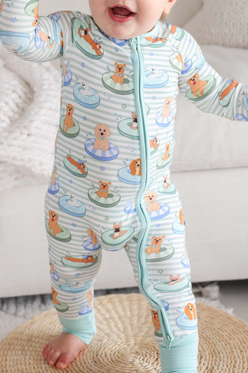 Convertible Bamboo Zip Romper | Poolside Pups Blue