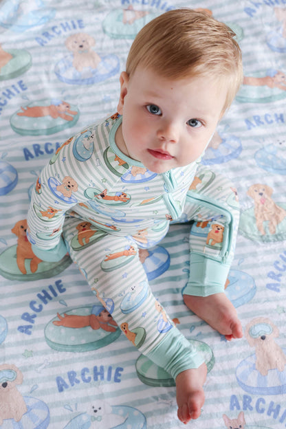 Personalized Kids Blanket | Poolside Pups Blue