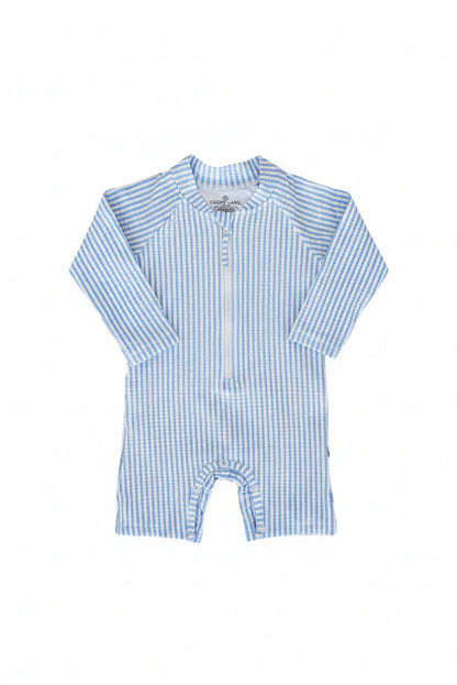 Long Sleeve Rash Guard Swim Romper Shortie | Seersucker Blue