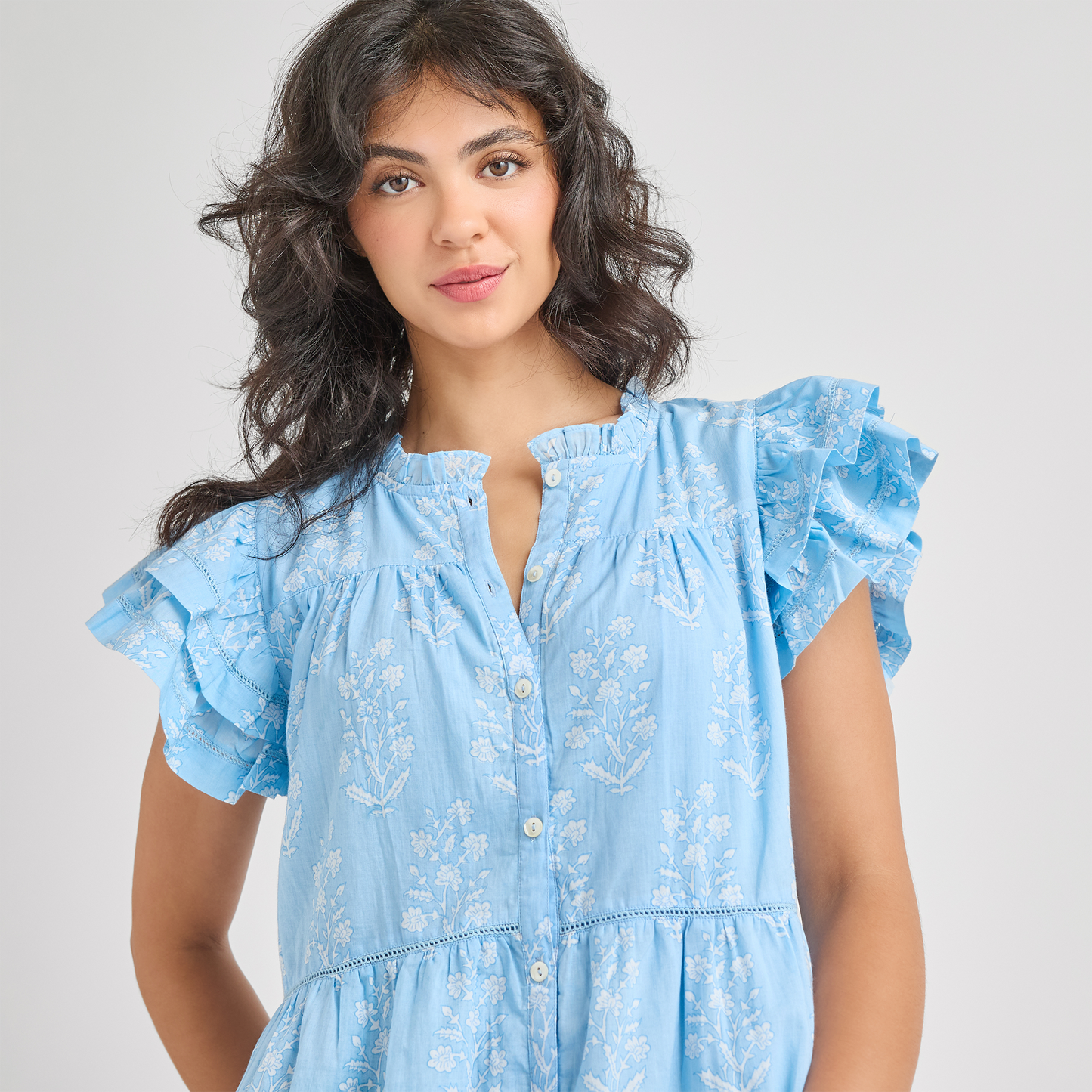 Womens Kalani Ruffle Dress - Blue Dewdrop Block Print