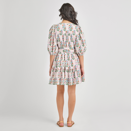 Womens Short Indira Dress - Pink Dewdrop Block Print