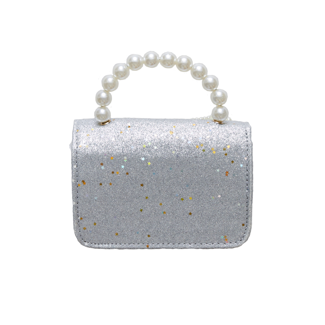 Glitter Pearl Bow Bag - Silver