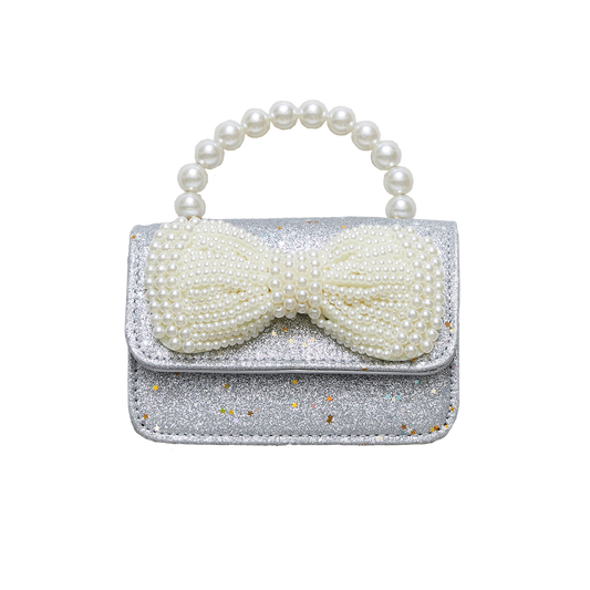 Glitter Pearl Bow Bag - Silver